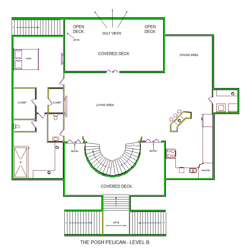 A level B layout view of Sand 'N Sea's beachfront house vacation rental in Galveston named The Posh Pelican